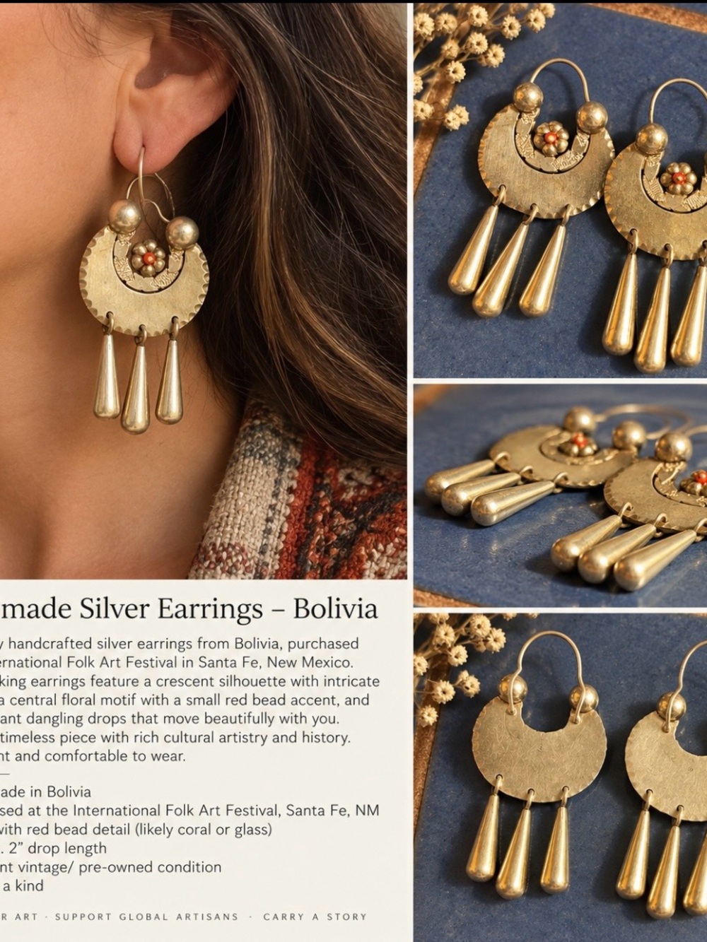 Handmade Bolivian Silver Folk Art Dangle Earrings